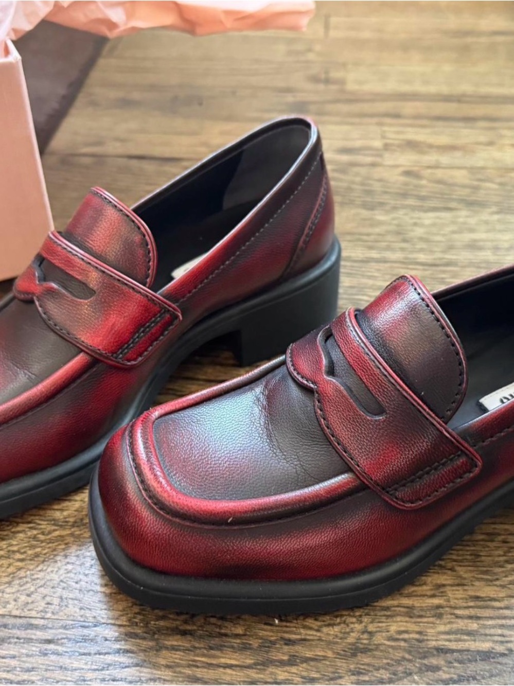 Miu Miu Two-Tone Red and Black Leather Penny Loafers